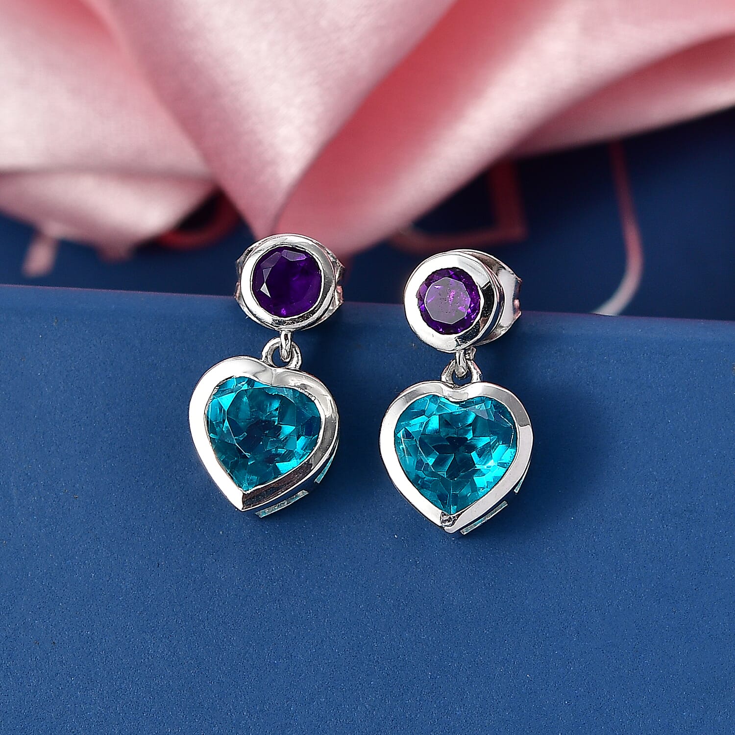 D'Joy Capri Blue Quartz & African Amethyst Heart Drop Stud Earring with Push Back in Platinum Overlay Sterling Silver 3.38 Ct.