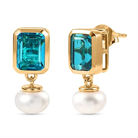 D'Joy Capri Blue Quartz & Fresh Water Pearl Dangling Push Back Earring in Yellow Gold Plated Sterling Silver 8.56 Ct.