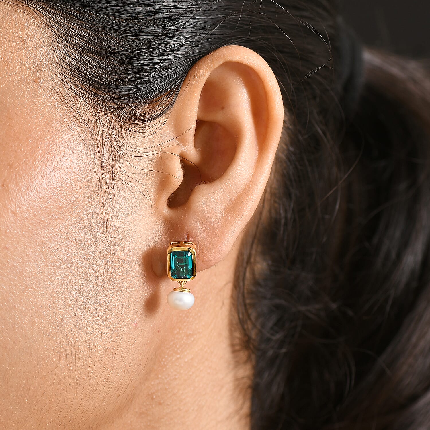 D'Joy Capri Blue Quartz & Fresh Water Pearl Dangling Push Back Earring in Yellow Gold Plated Sterling Silver 8.56 Ct.