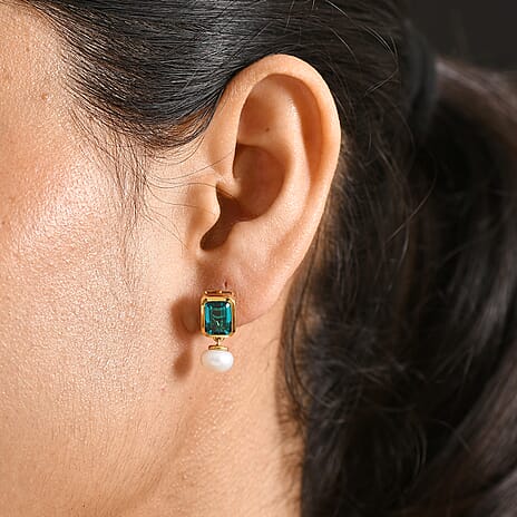 D'Joy Capri Blue Quartz & Fresh Water Pearl Dangling Push Back Earring in Yellow Gold Plated Sterling Silver 8.56 Ct.