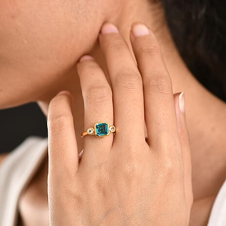 D'Joy Capri Blue Quartz & White Topaz Emerald Cut Trilogy Ring in Yellow Gold Plated Sterling Silver 2.23 Ct.