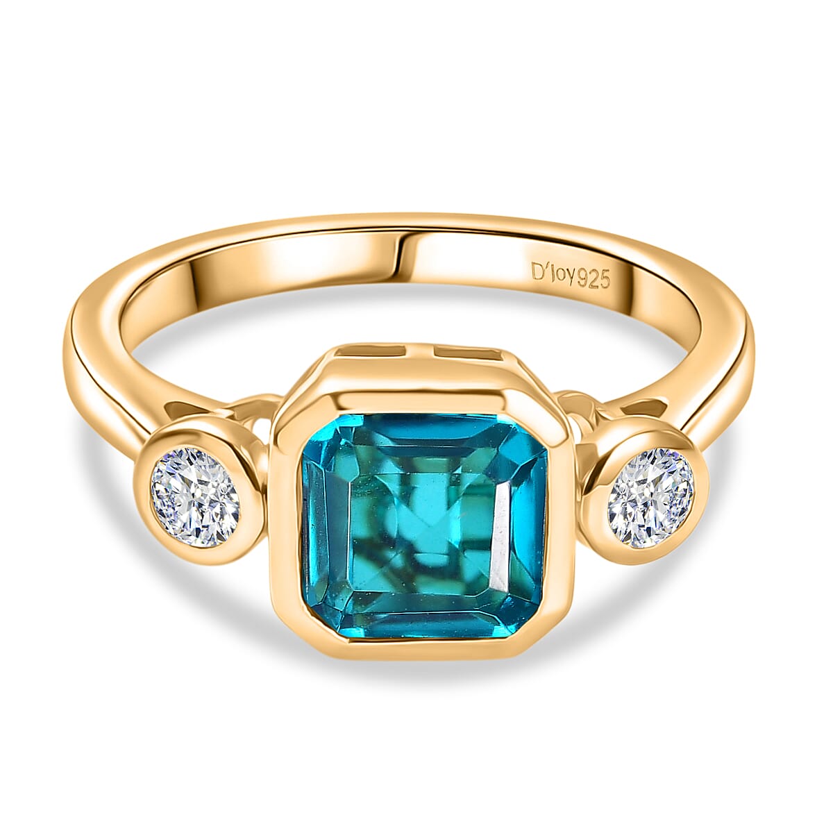 D'Joy Capri Blue Quartz & White Topaz Emerald Cut Trilogy Ring in Yellow Gold Plated Sterling Silver 2.23 Ct.