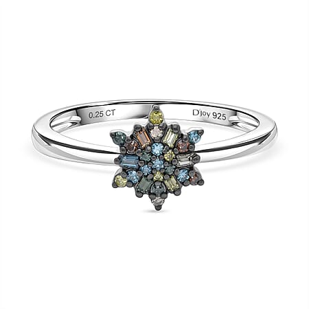 D'Joy - Multi Colour Diamond Cluster Ring in Rhodium Overlay Sterling Silver D'Joy - Multi Colour Diamond Cluster Ring in Rhodium Overlay Sterling Silver