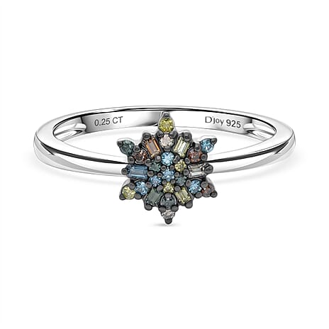 D'Joy Green Diamond & Multi Gemstones Ring in Rhodium Overlay Sterling Silver 0.15 Ct