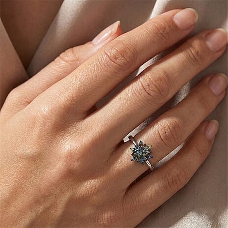 D'Joy Green Diamond & Multi Diamond Cluster Ring in Rhodium Overlay Sterling Silver