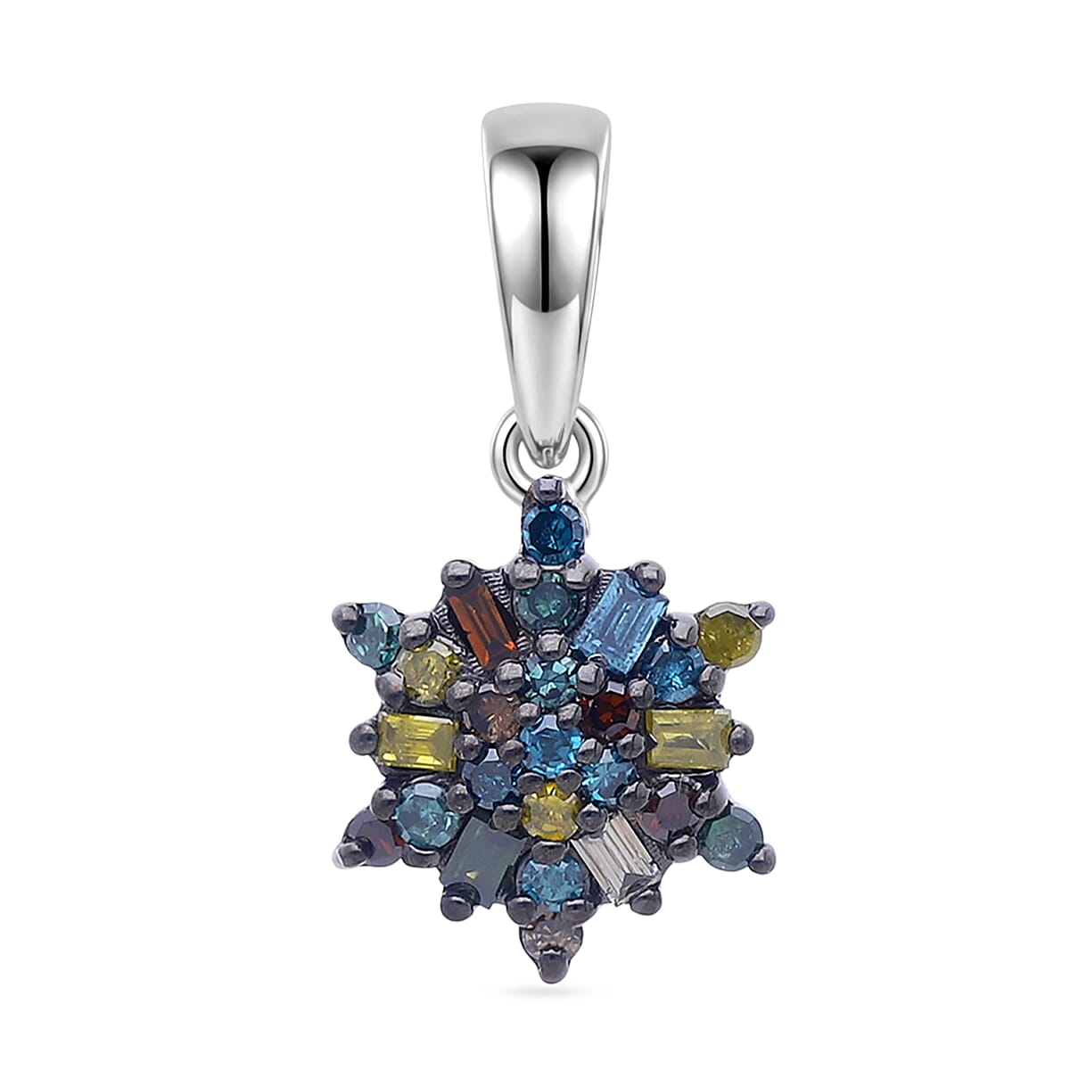 D'Joy Blue Diamond & Multi Gemstones Pendant in Rhodium Overlay Sterling Silver