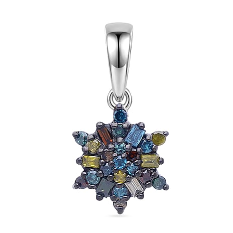 D'Joy Blue Diamond & Multi Gemstones Pendant in Rhodium Overlay Sterling Silver