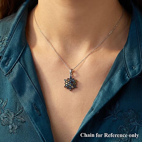 D'Joy Blue Diamond & Multi Diamond Cluster Pendant in Rhodium Overlay Sterling Silver