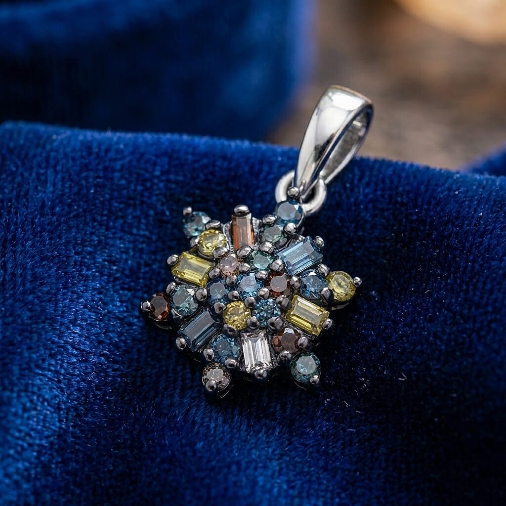 D'Joy Blue Diamond & Multi Gemstones Pendant in Rhodium Overlay Sterling Silver