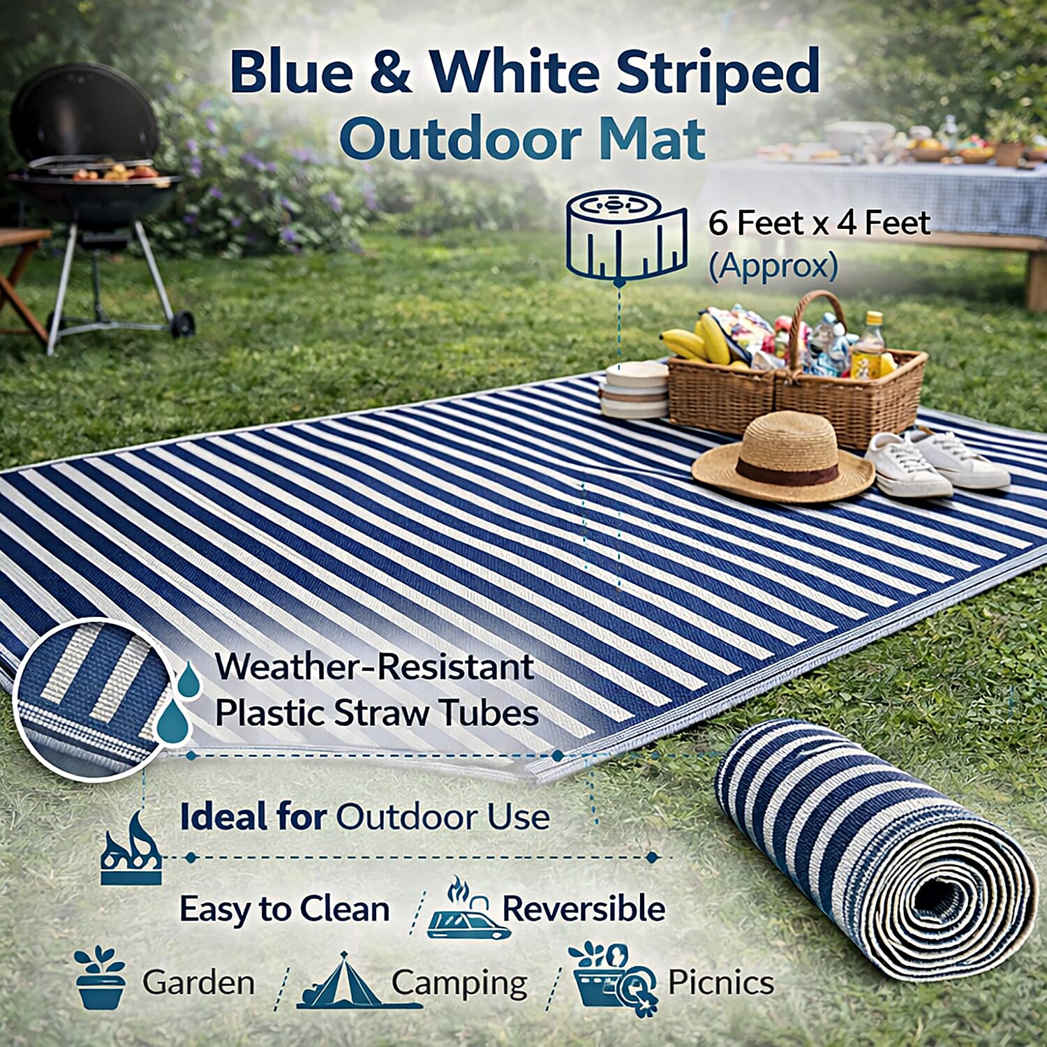 Livmore Polypropylene 440 Gsm Mat (Size 120x180 Cm) - White & Navy Blue