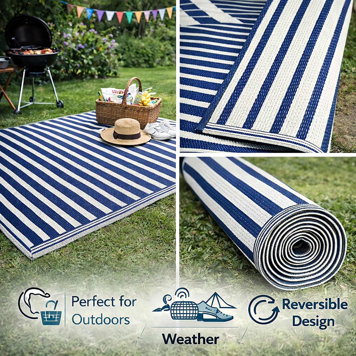 Livmore Polypropylene 440 Gsm Mat (Size 120x180 Cm) - White & Navy Blue