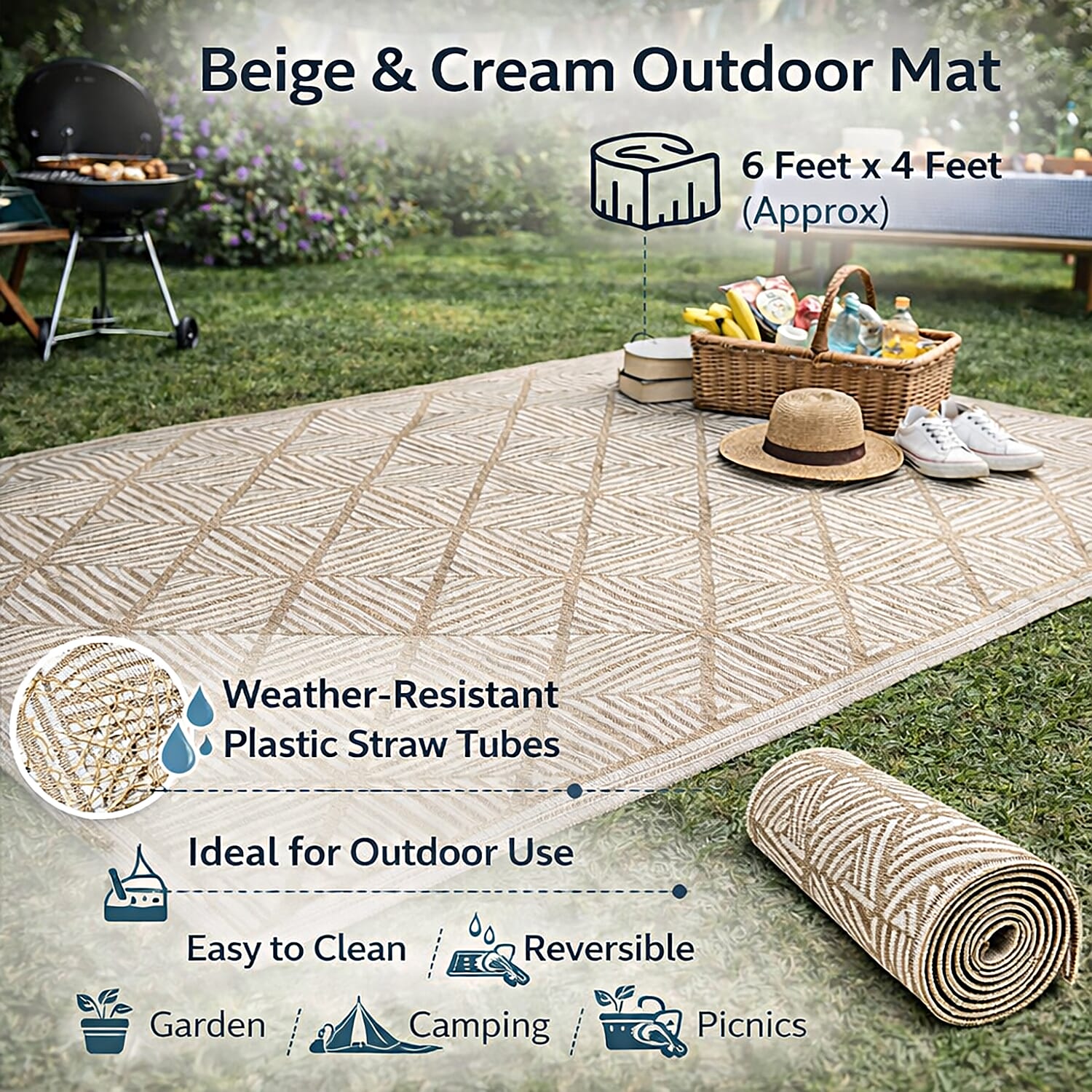 Livmore  Livmore Polypropylene 440 Gsm Mat  (Size 120x180 Cm) - White & Beige