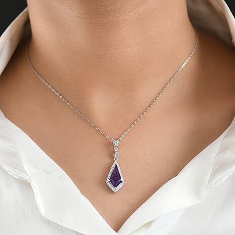 D'Joy - African Amethyst & White Zircon Halo Pendant in Rhodium Overlay Sterling Silver 3.33 Ct.