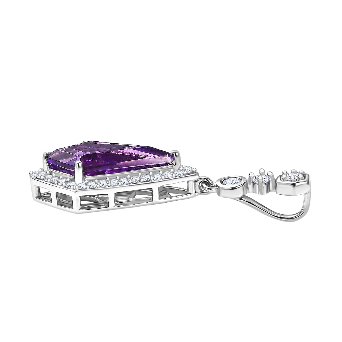 D'Joy - African Amethyst & White Zircon Halo Pendant in Rhodium Overlay Sterling Silver 3.33 Ct.
