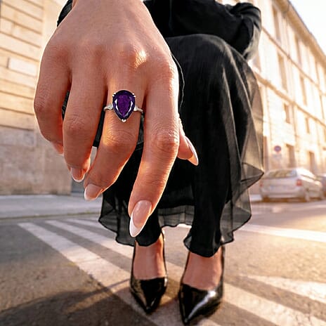 LARGEST AMETHYST RING - Lab Grown Diamond SI-G-H & AAA African Amethyst Pear Cut Solitaire Ring in Rhodium Overlay Sterling Silver 27.33 Ct.