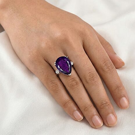 Luxuriant - SI-G-H Lab Grown Diamond & African Amethyst Pear Cut Solitaire Ring in Rhodium Overlay Sterling Silver 27.33 Ct.