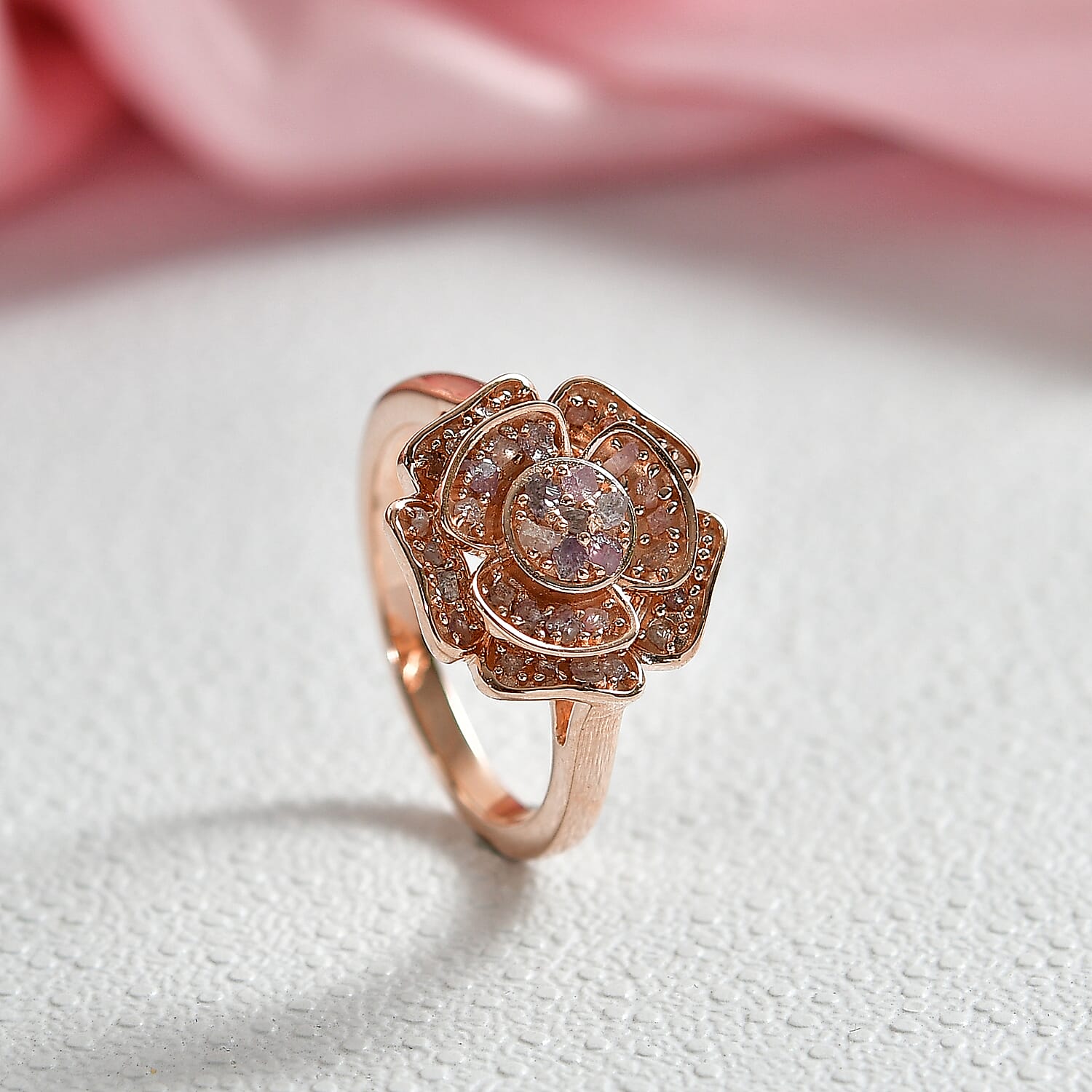 D'Joy Natural Pink Diamond Floral Ring in 18K Vermeil Rose Gold Plated Sterling Silver. Total Diamond Wt 0.50 Cts