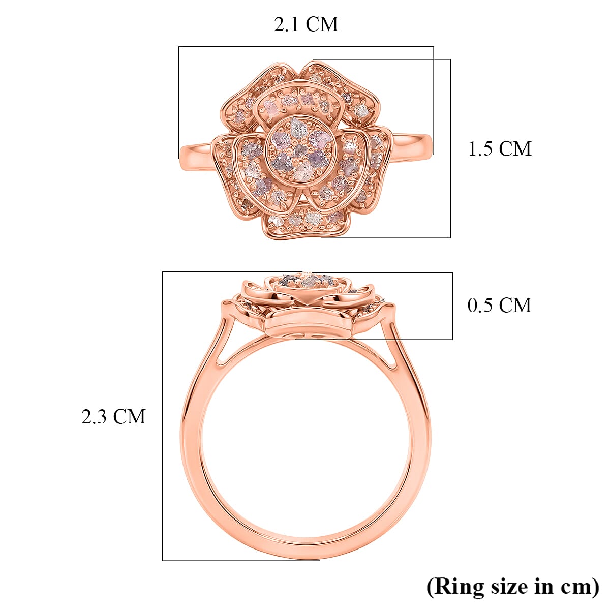 D'Joy Natural Pink Diamond Floral Ring in 18K Vermeil Rose Gold Plated Sterling Silver. Total Diamond Wt 0.50 Cts