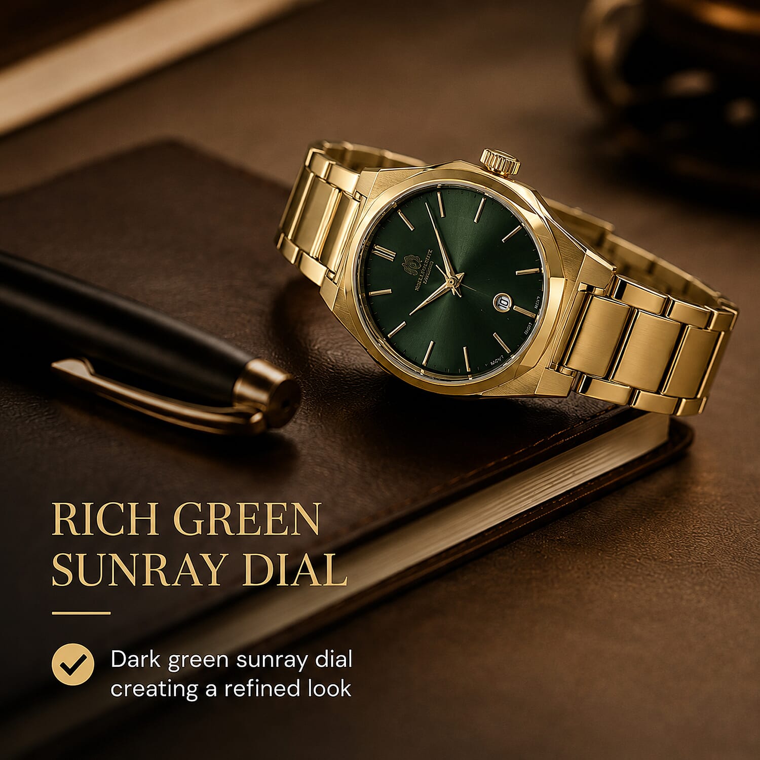 William Hunt Miyota Japanese Movement With Date Function Dark Green Sunray Dial Watch - Green