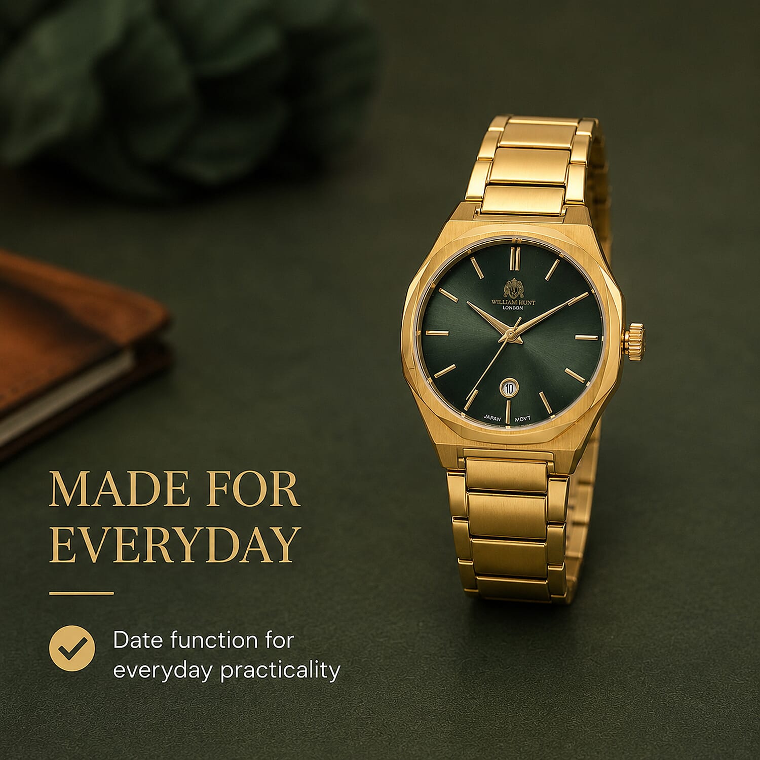 William Hunt Miyota Japanese Movement With Date Function Dark Green Sunray Dial Watch - Green