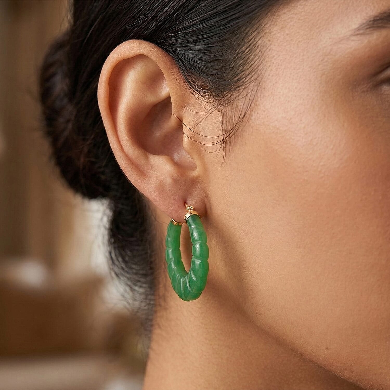 D'Joy Enhanced Green Jade Beads Earring with Clasp in Yellow Gold Plated Sterling Silver 75.00 Ct.