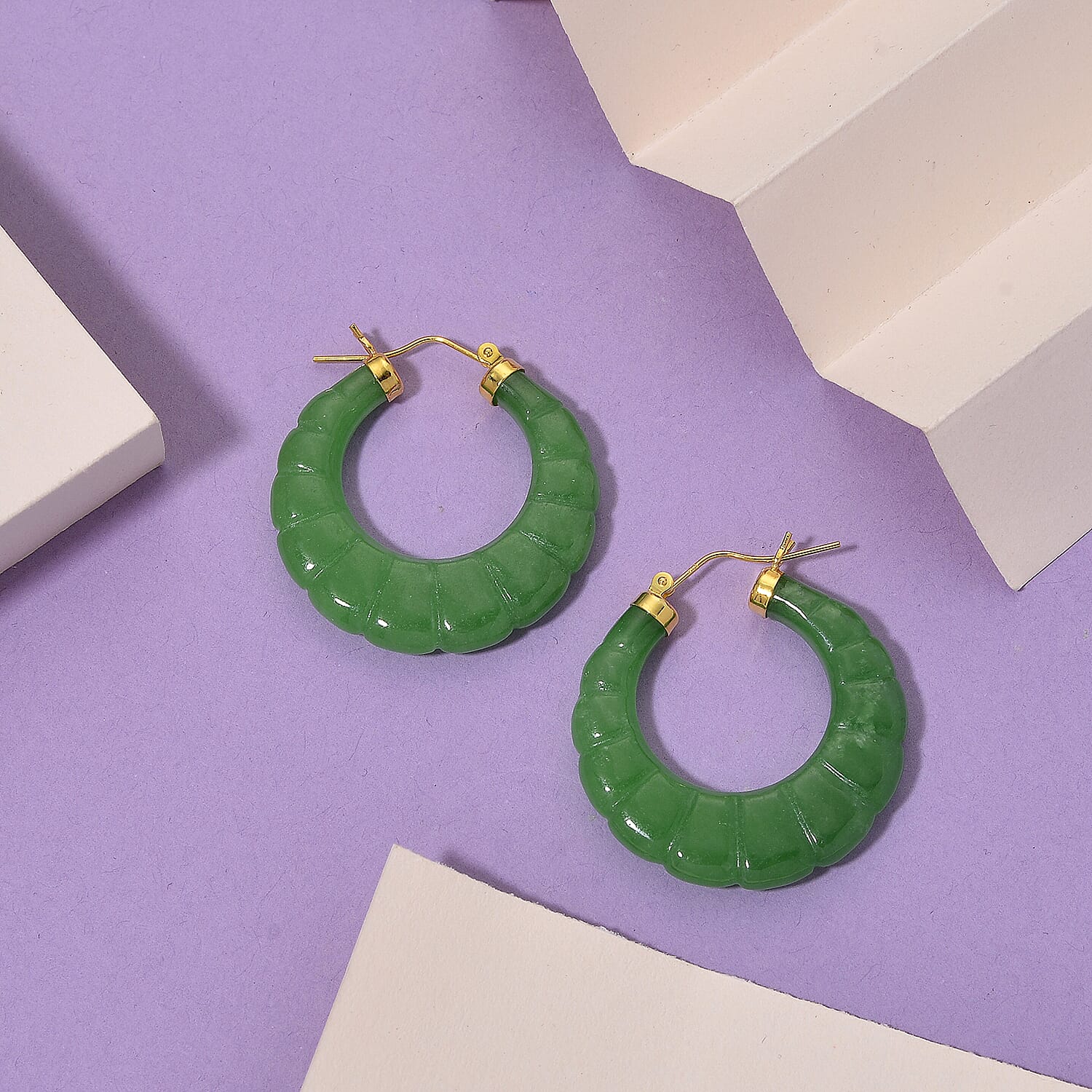 D'Joy Enhanced Green Jade Beads Earring with Clasp in Yellow Gold Plated Sterling Silver 75.00 Ct.
