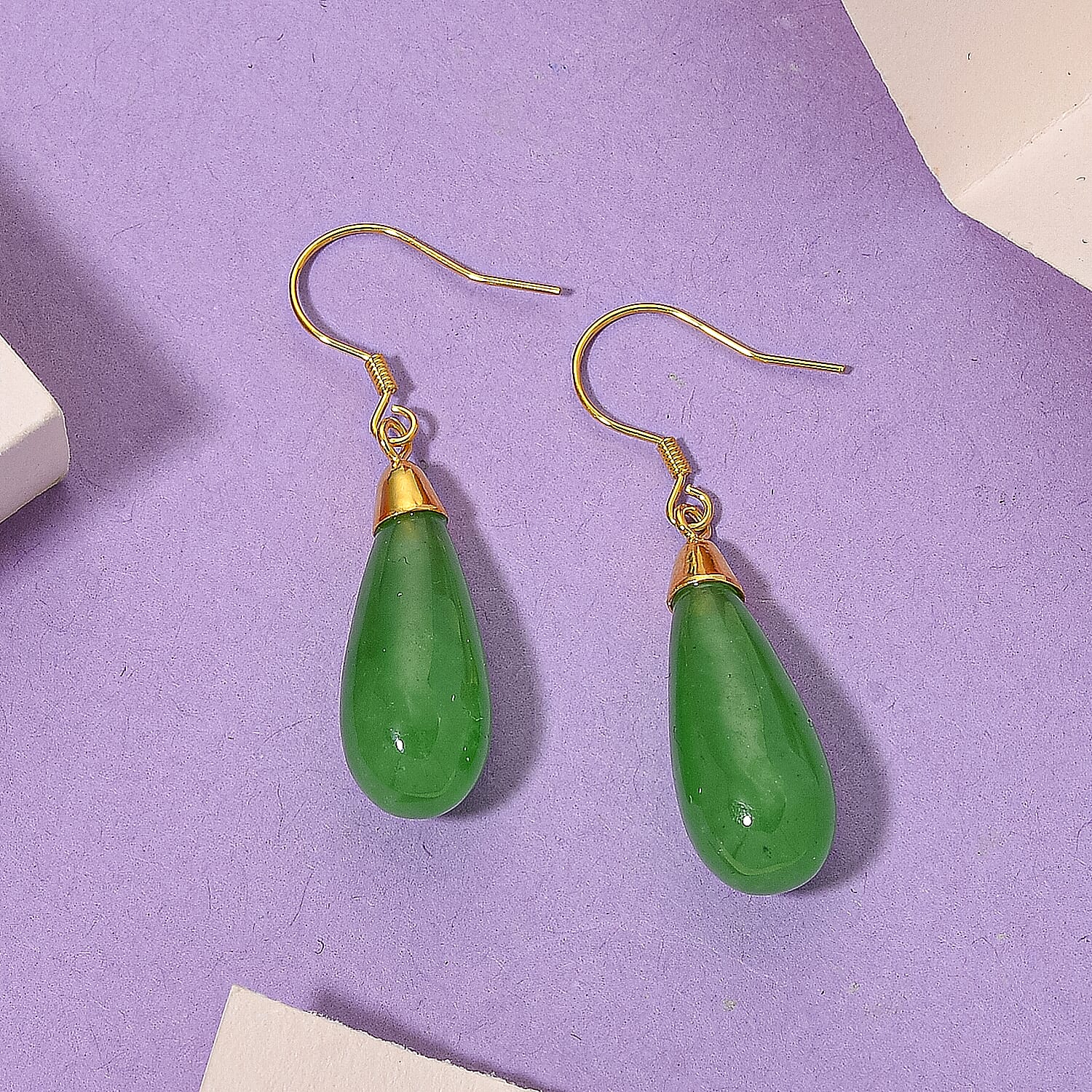 D'Joy Enhanced Green Jade Beads Earring with Hook in Yellow Gold Plated Sterling Silver 20.00 Ct.