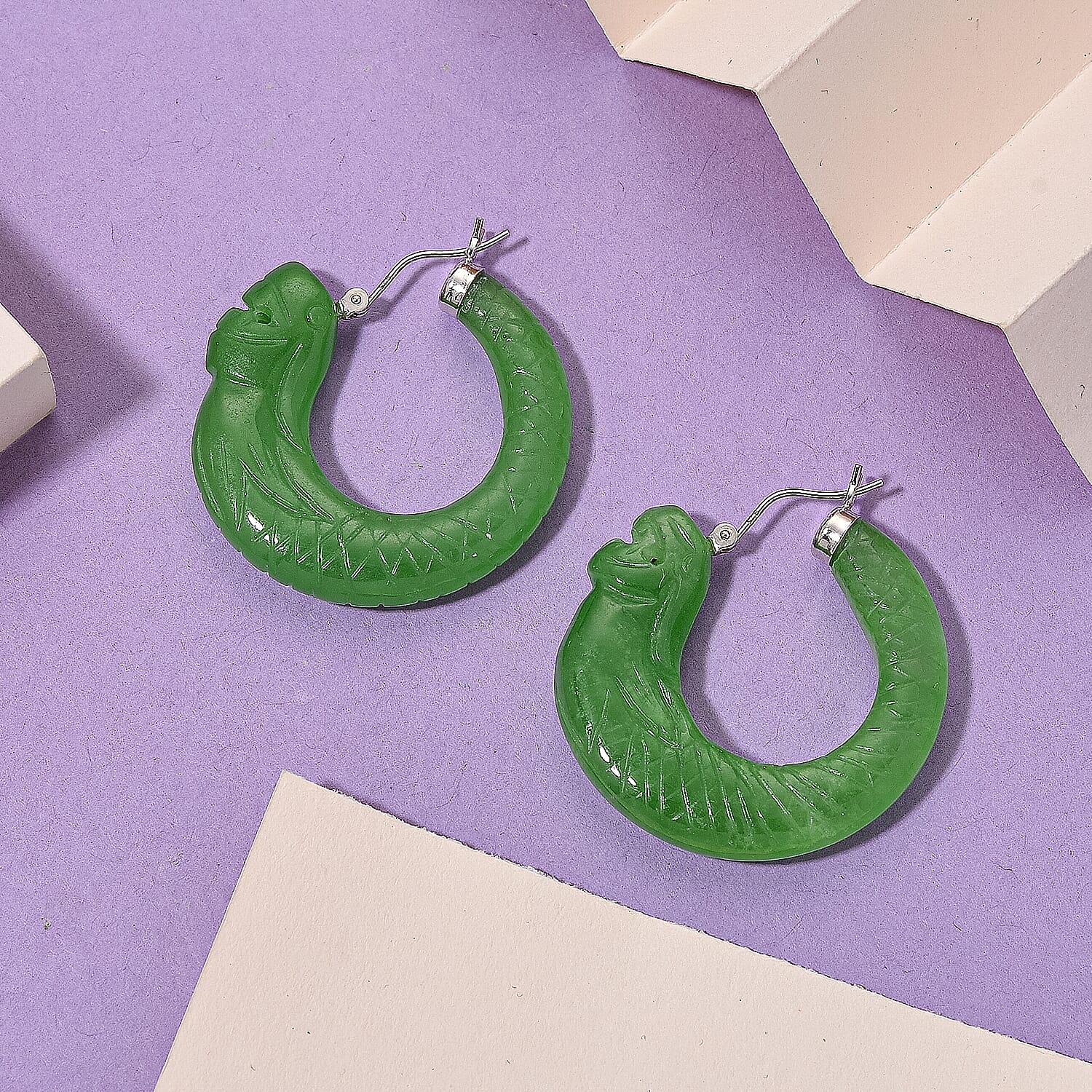 D'Joy Enhanced Green Jade Beads Earring with Clasp in Rhodium Overlay Sterling Silver 25.00 Ct.
