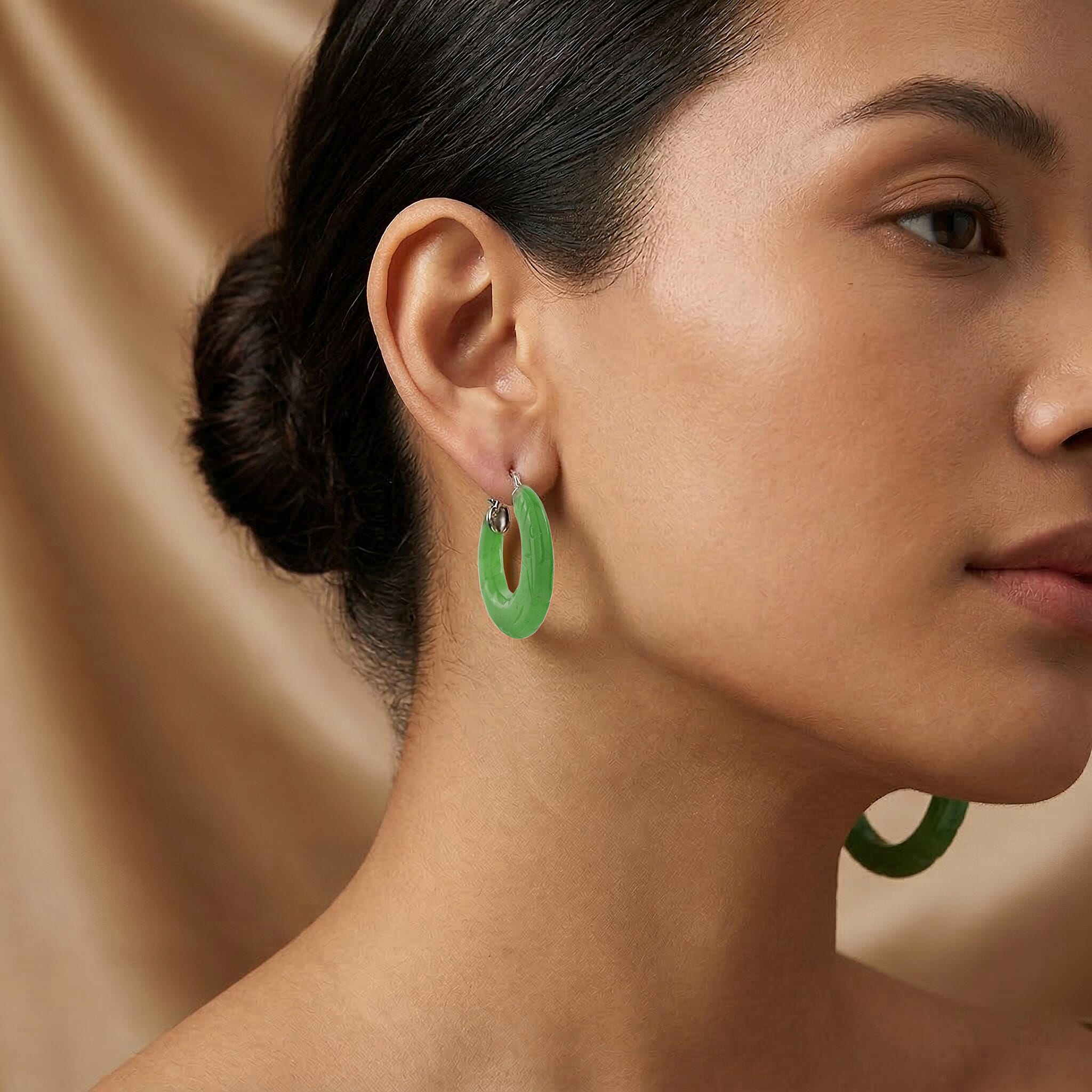 D'Joy Enhanced Green Jade Beads Earring with Clasp in Rhodium Overlay Sterling Silver 75.00 Ct.