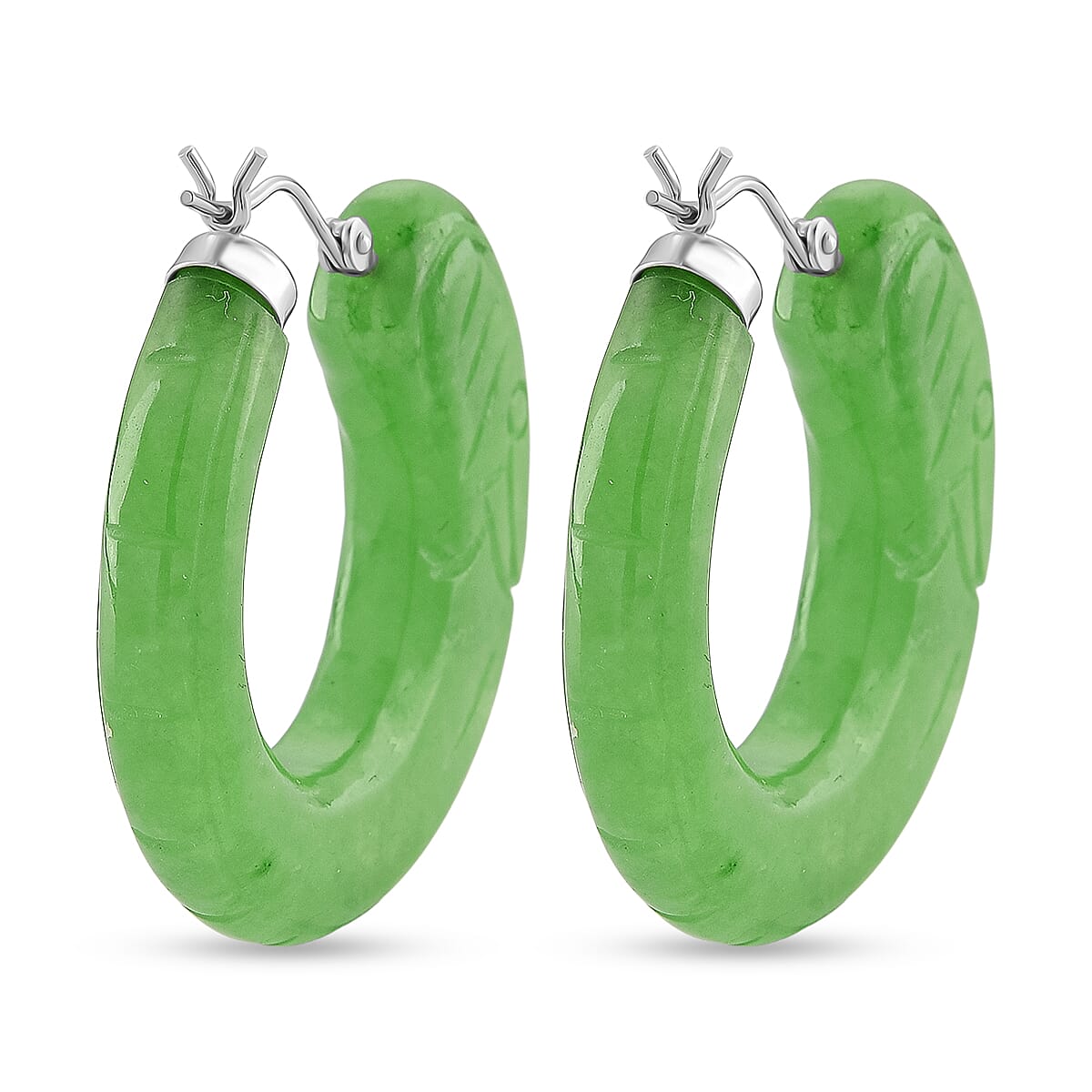 D'Joy Enhanced Green Jade Beads Earring with Clasp in Rhodium Overlay Sterling Silver 75.00 Ct.