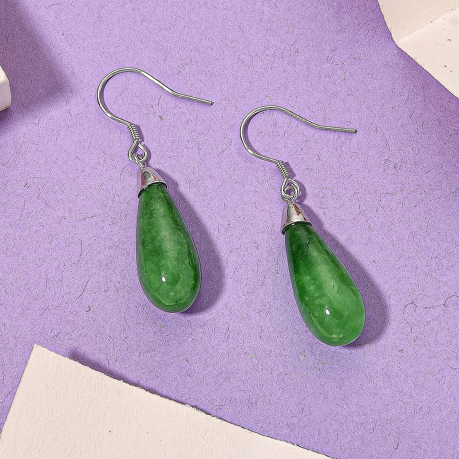 D'Joy Enhanced Green Jade Beads Hook Earring in Rhodium Overlay Sterling Silver 20.00 Ct.