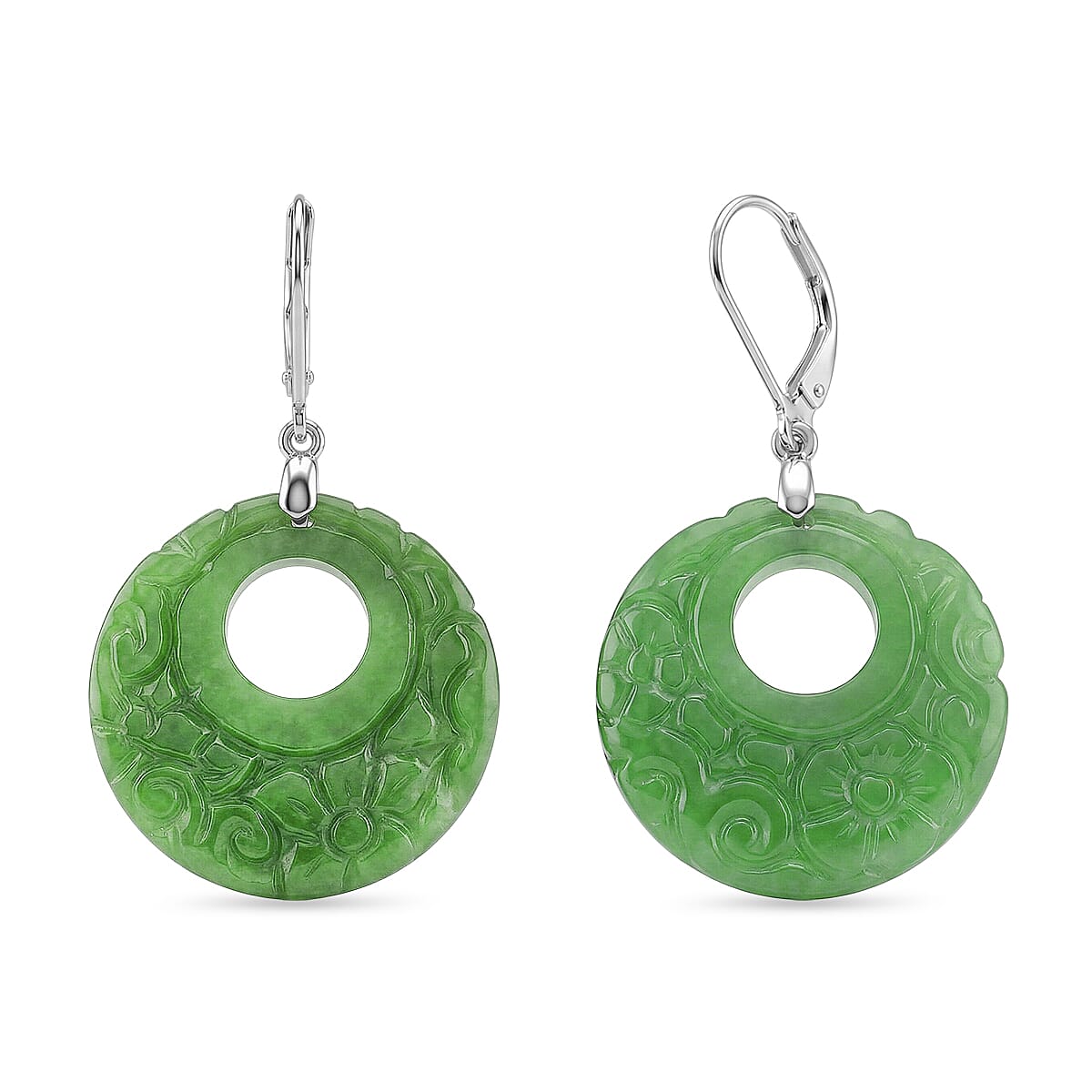 D'Joy Enhanced Green Jade Beads Earring with Lever Back in Rhodium Overlay Sterling Silver 50.00 Ct.