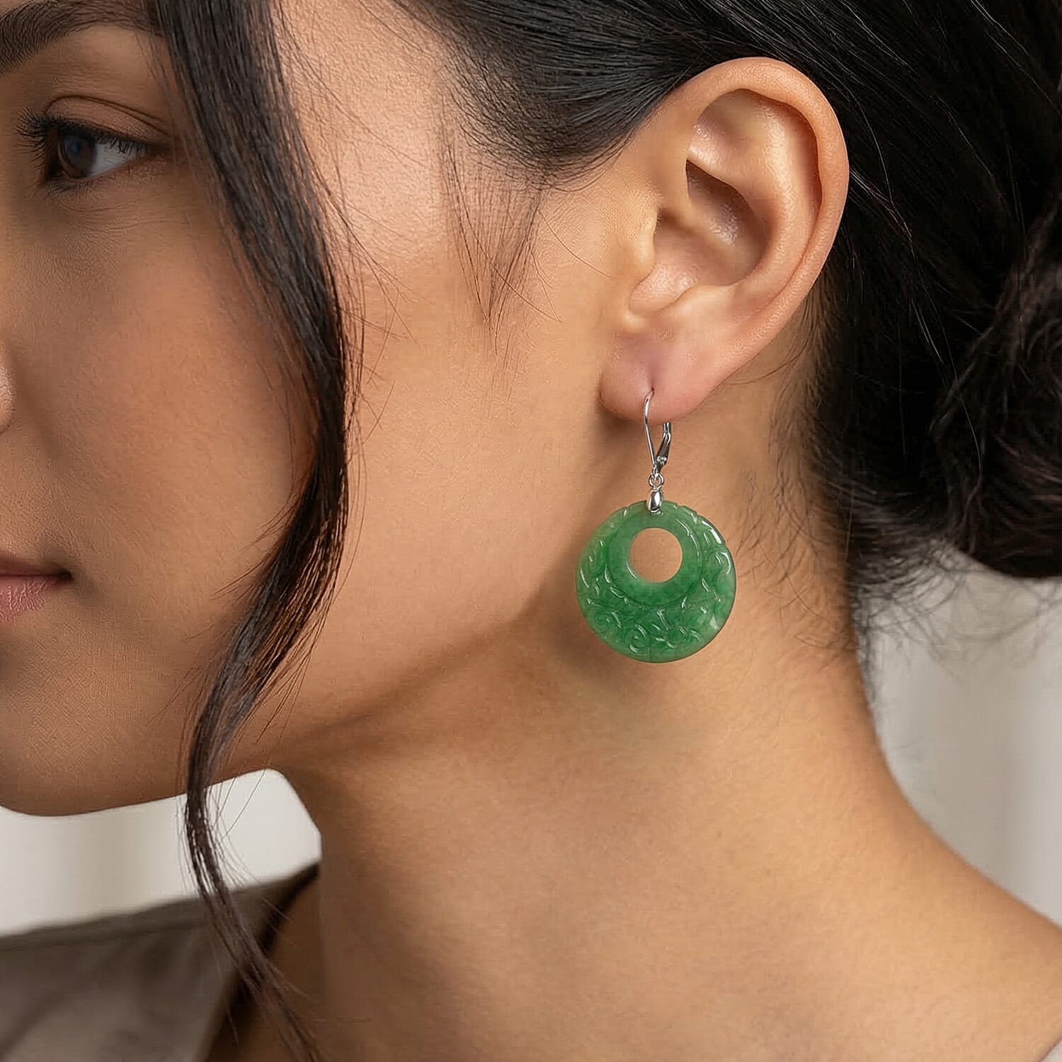 D'Joy Enhanced Green Jade Beads Earring with Lever Back in Rhodium Overlay Sterling Silver 50.00 Ct.