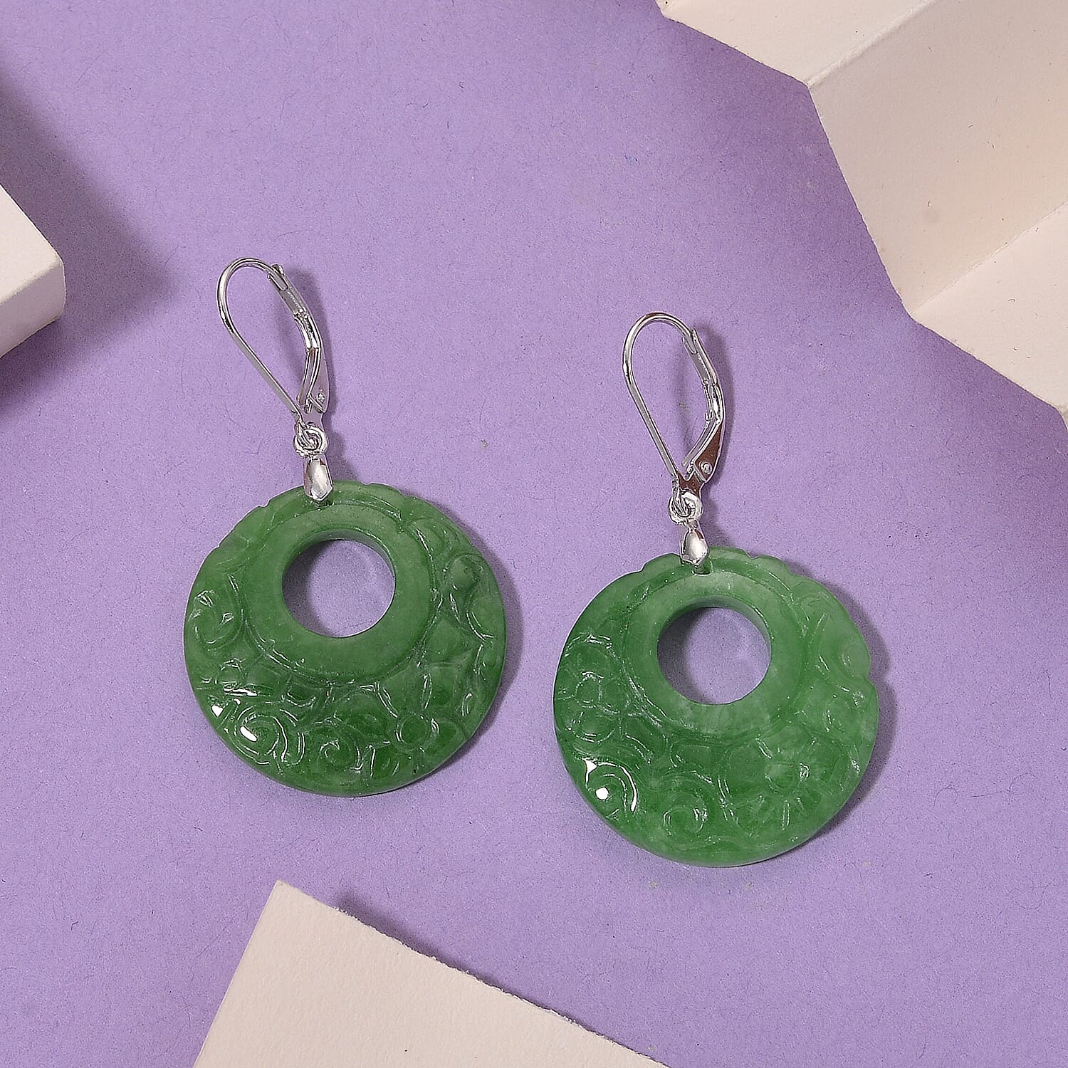 D'Joy Enhanced Green Jade Beads Earring with Lever Back in Rhodium Overlay Sterling Silver 50.00 Ct.