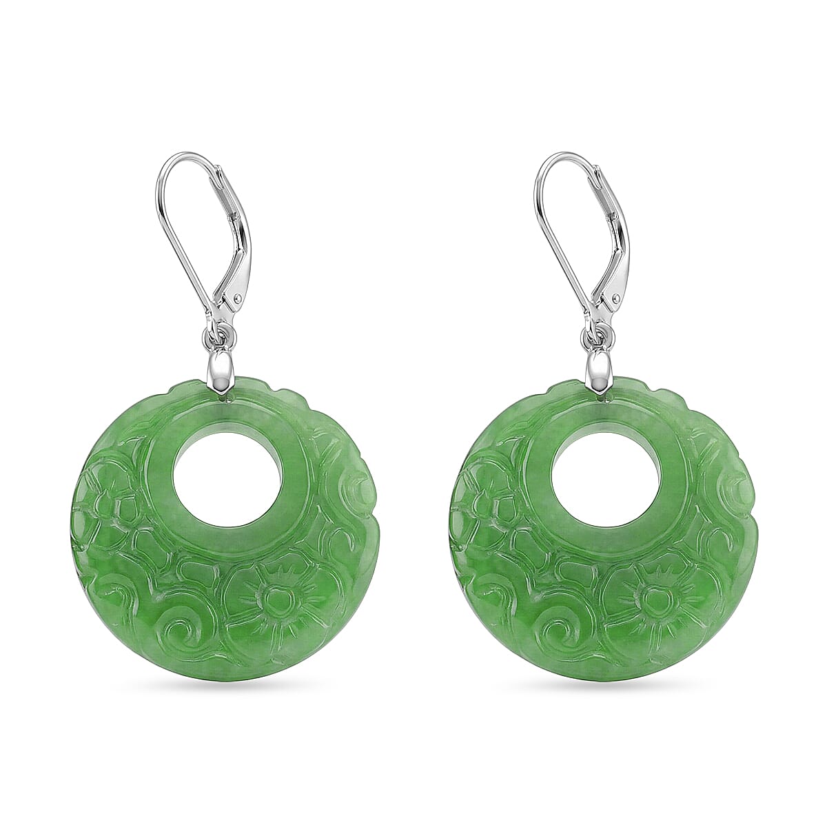 D'Joy Enhanced Green Jade Beads Earring with Lever Back in Rhodium Overlay Sterling Silver 50.00 Ct.