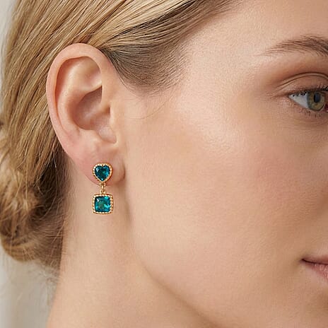 D'Joy Capri Blue Triplet Quartz Dangling Earring with Push Back in Yellow Gold Plated Sterling Silver 4.40 Ct.