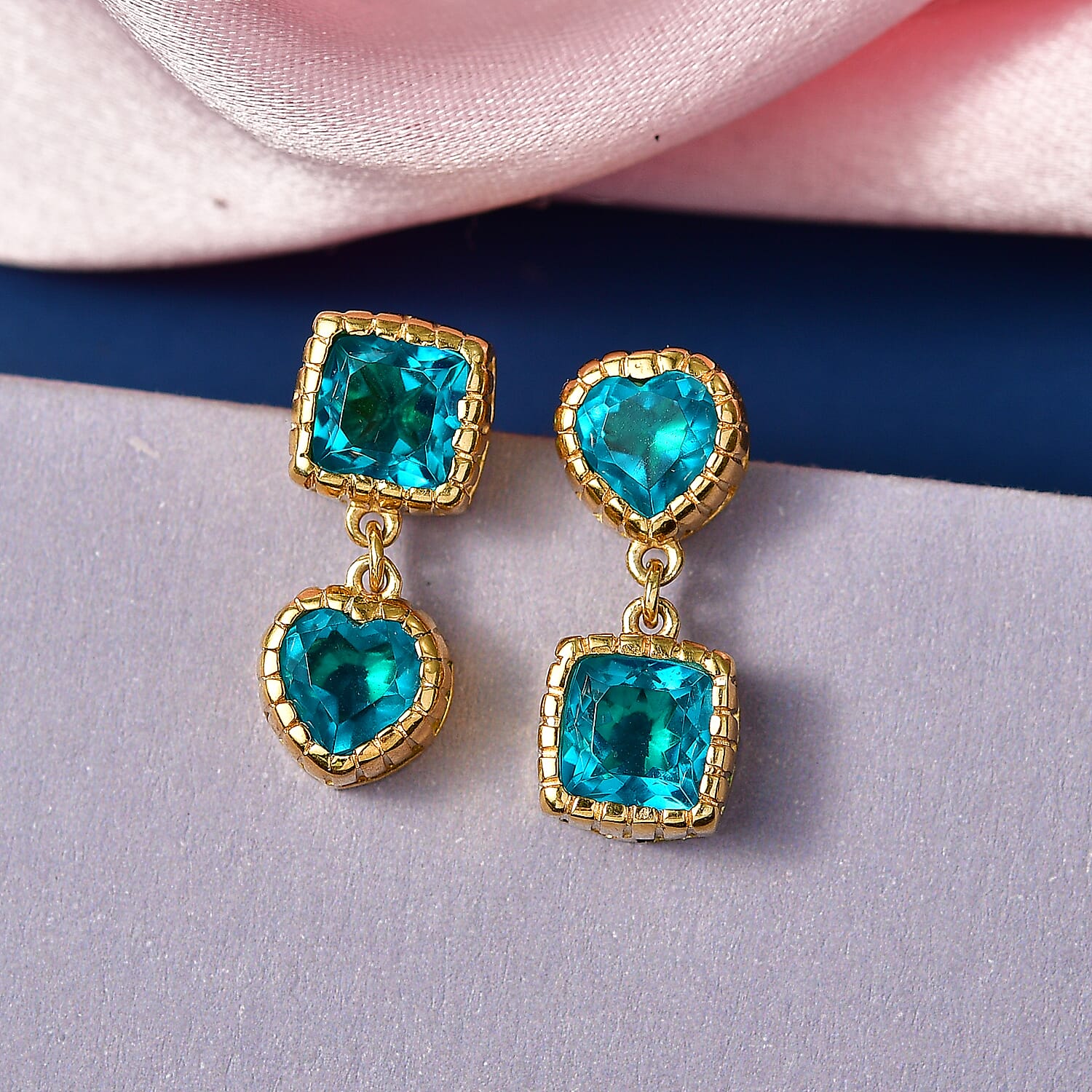 D'Joy Capri Blue Triplet Quartz Dangling Earring with Push Back in Yellow Gold Plated Sterling Silver 4.40 Ct.