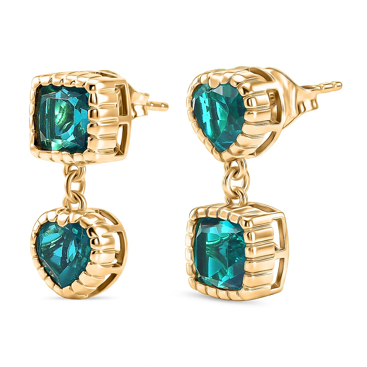 D'Joy Capri Blue Triplet Quartz Dangling Earring with Push Back in Yellow Gold Plated Sterling Silver 4.40 Ct.