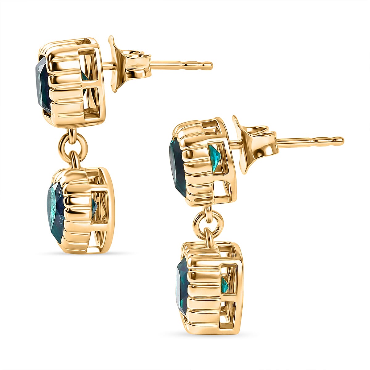 D'Joy Capri Blue Triplet Quartz Dangling Earring with Push Back in Yellow Gold Plated Sterling Silver 4.40 Ct.