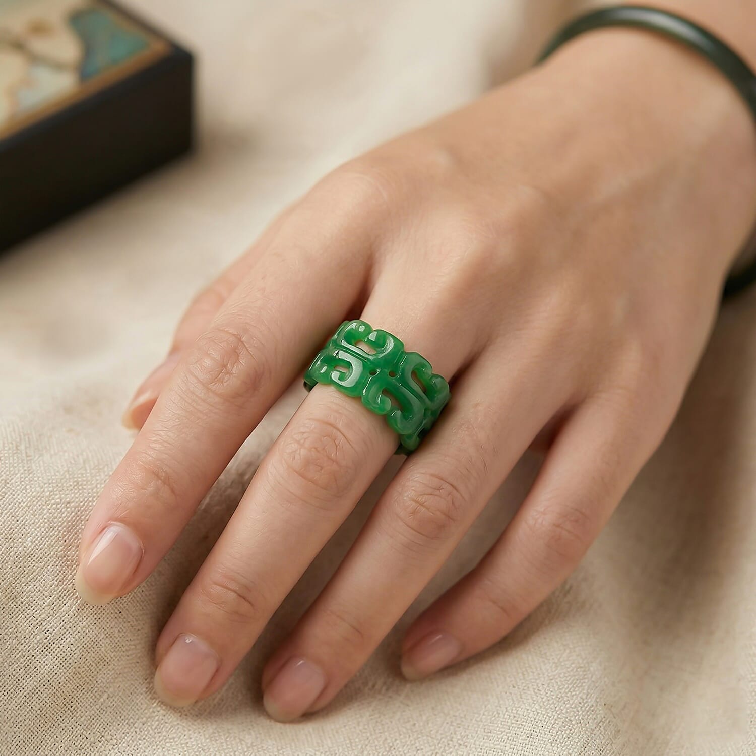 Green Jade Carved Ring (Size - R) 30.00 Ct.
