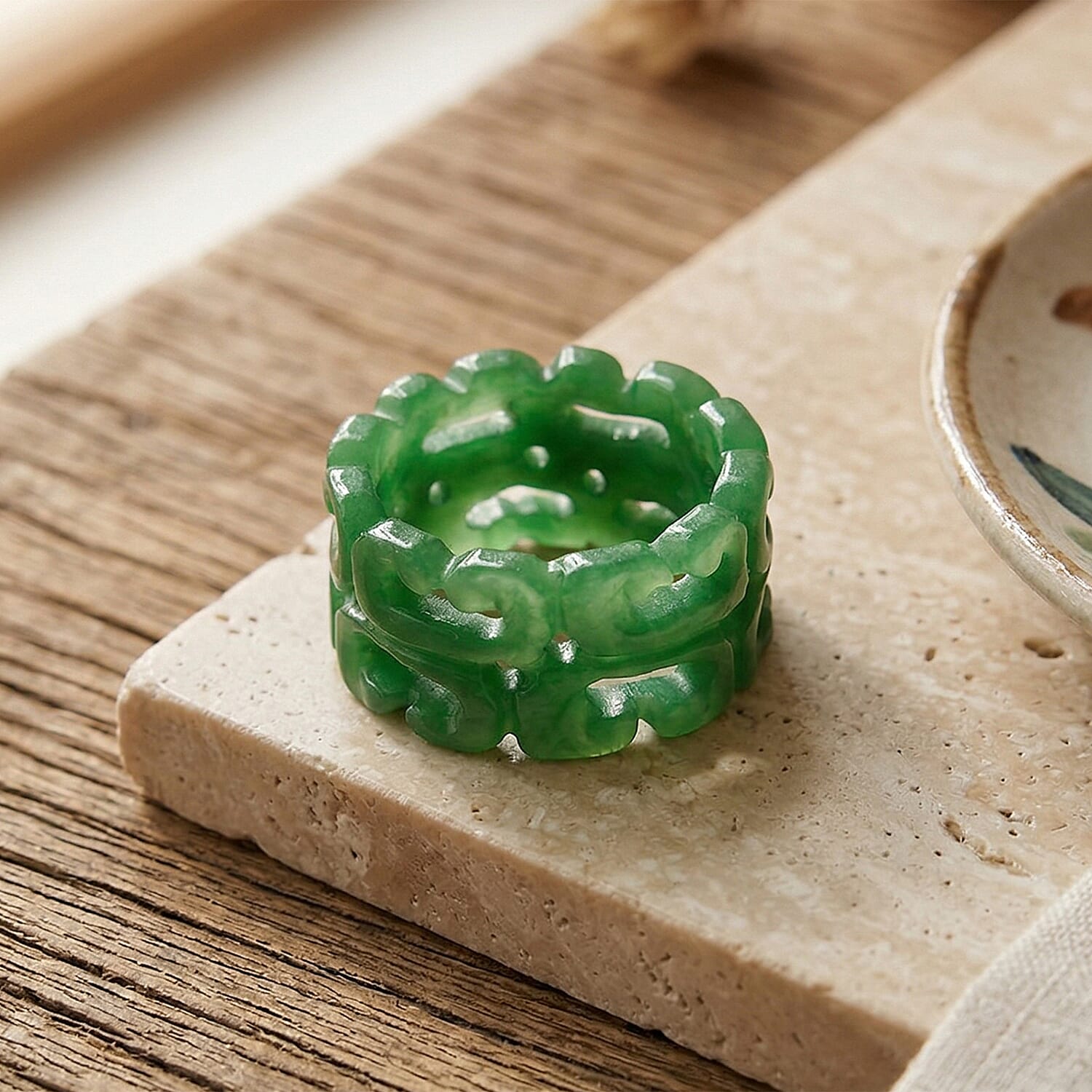 Green Jade Carved Ring (Size - R) 30.00 Ct.