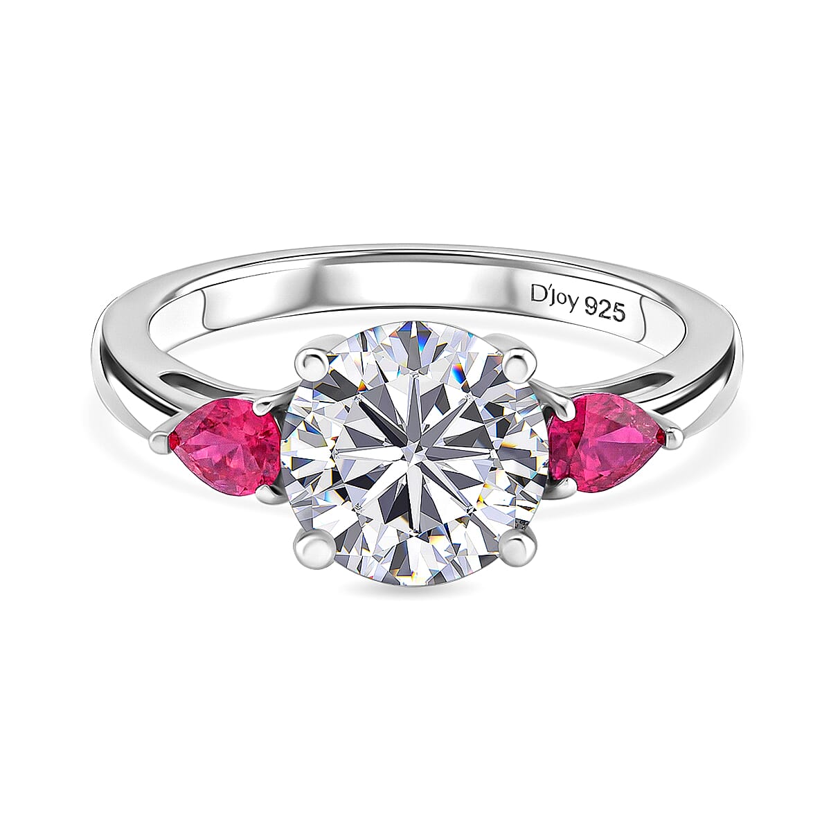 D'Joy Moissanite & African Ruby Trilogy Ring in Rhodium Overlay Sterling Silver 2.26 Ct.