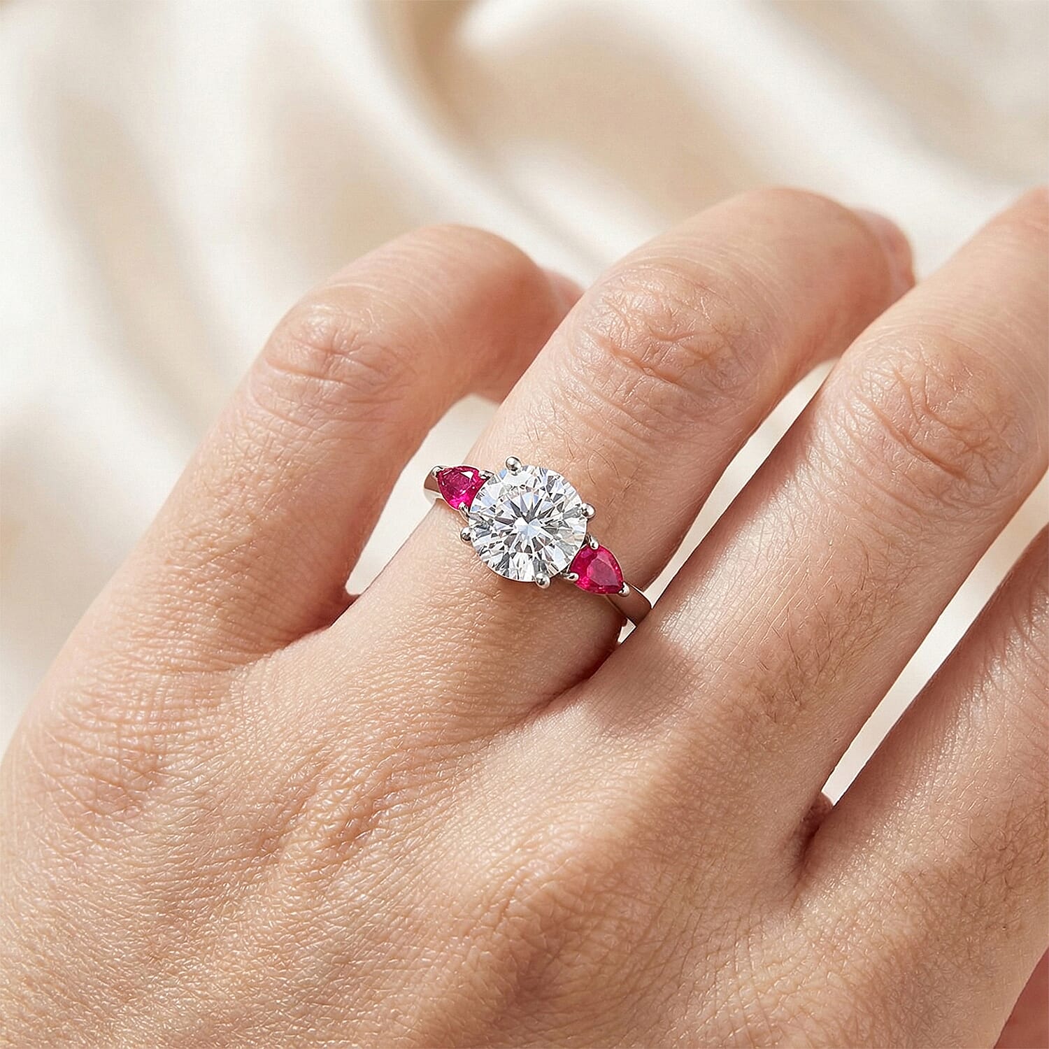 D'Joy Moissanite & African Ruby Trilogy Ring in Rhodium Overlay Sterling Silver 2.26 Ct.