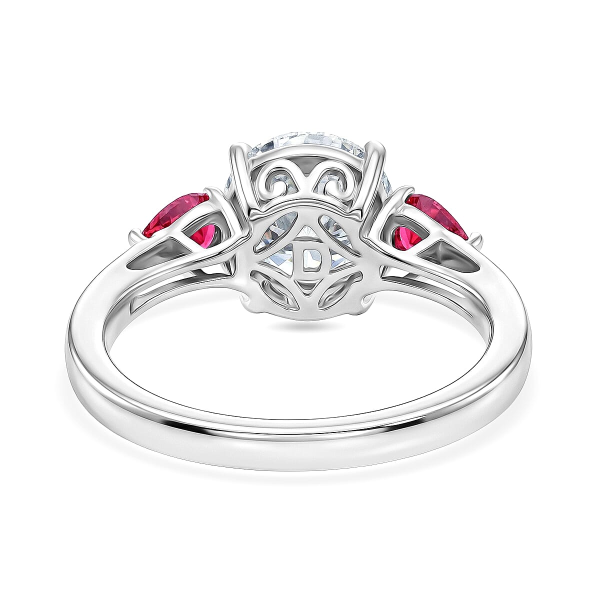 D'Joy Moissanite & African Ruby Trilogy Ring in Rhodium Overlay Sterling Silver 2.26 Ct.