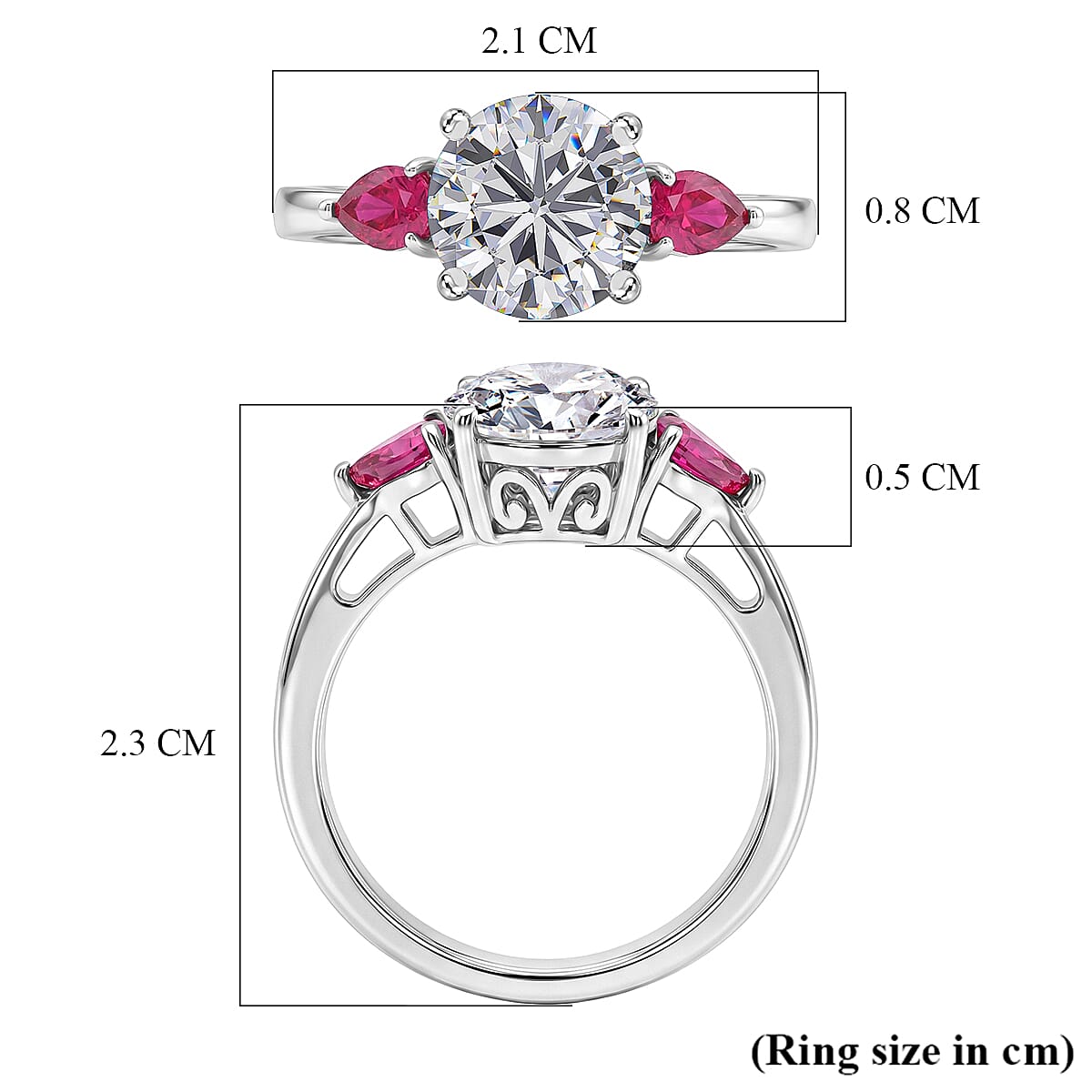 D'Joy Moissanite & African Ruby Trilogy Ring in Rhodium Overlay Sterling Silver 2.26 Ct.