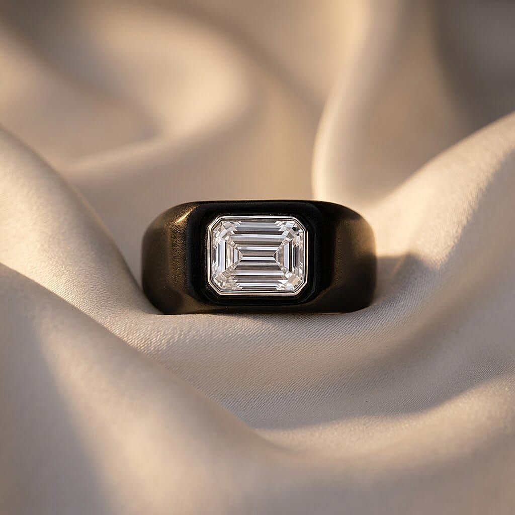 D'Joy - Moissanite & Dyed Black Jade Solitaire Band in Rhodium Overlay Sterling Silver 30.87 Ct.