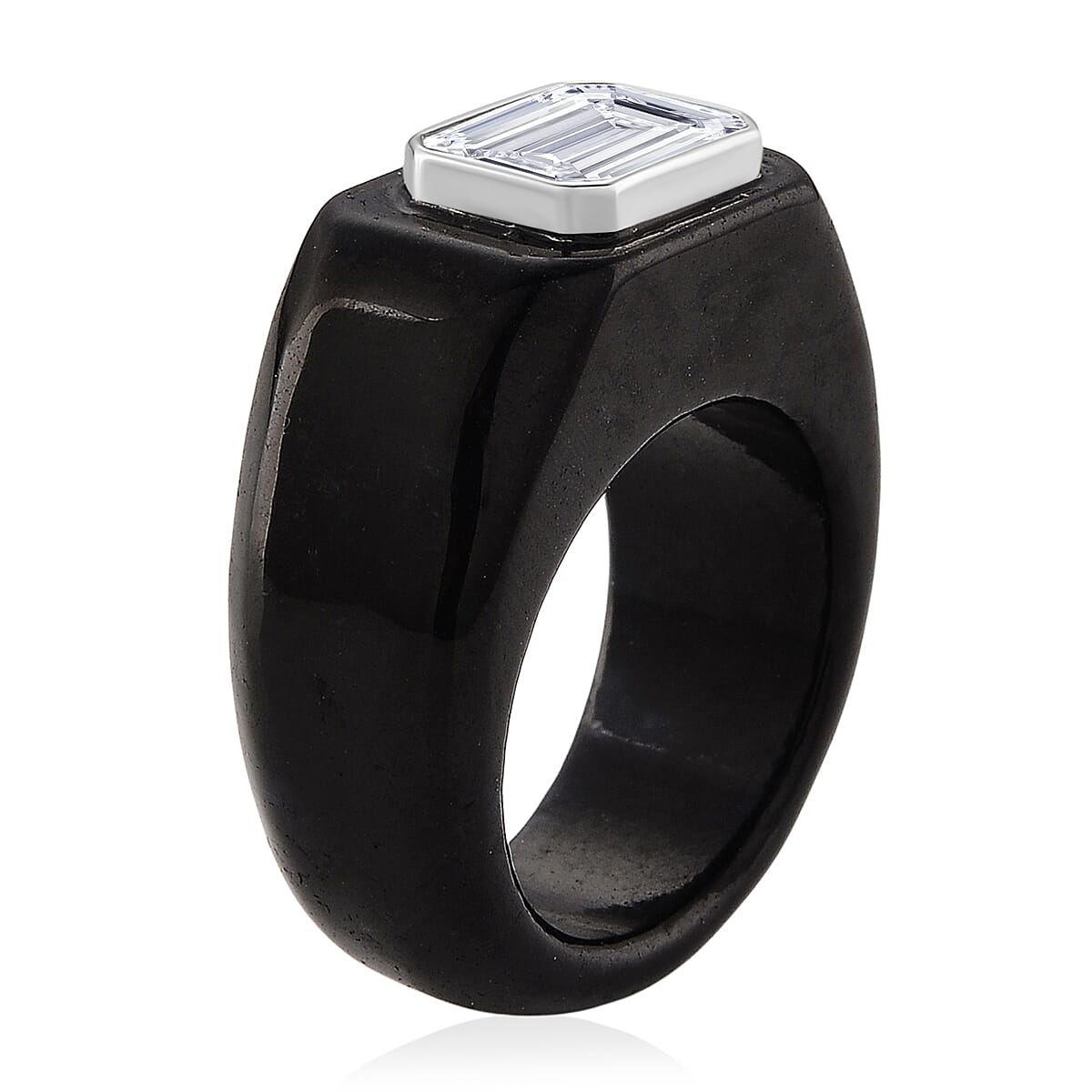 D'Joy - Moissanite & Dyed Black Jade Solitaire Band in Rhodium Overlay Sterling Silver 30.87 Ct.