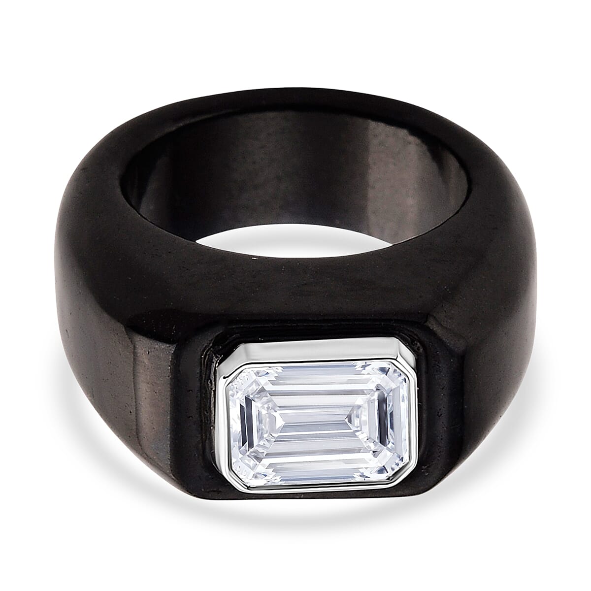 D'Joy - Moissanite & Dyed Black Jade Solitaire Band in Rhodium Overlay Sterling Silver 30.87 Ct.