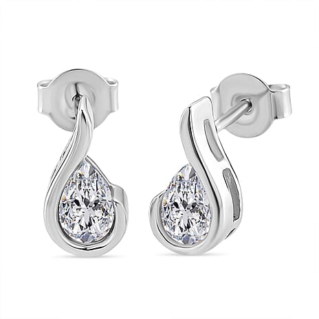 D'Joy GRA Certified Moissanite D-VVS1 Pear Cut Solitaire Earring with Push Back in Rhodium Overlay Sterling Silver.