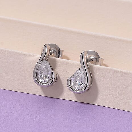 D'Joy - GRA Certified Moissanite D-VVS1 Pear Cut Solitaire Earring with Push Back in Rhodium Overlay Sterling Silver.